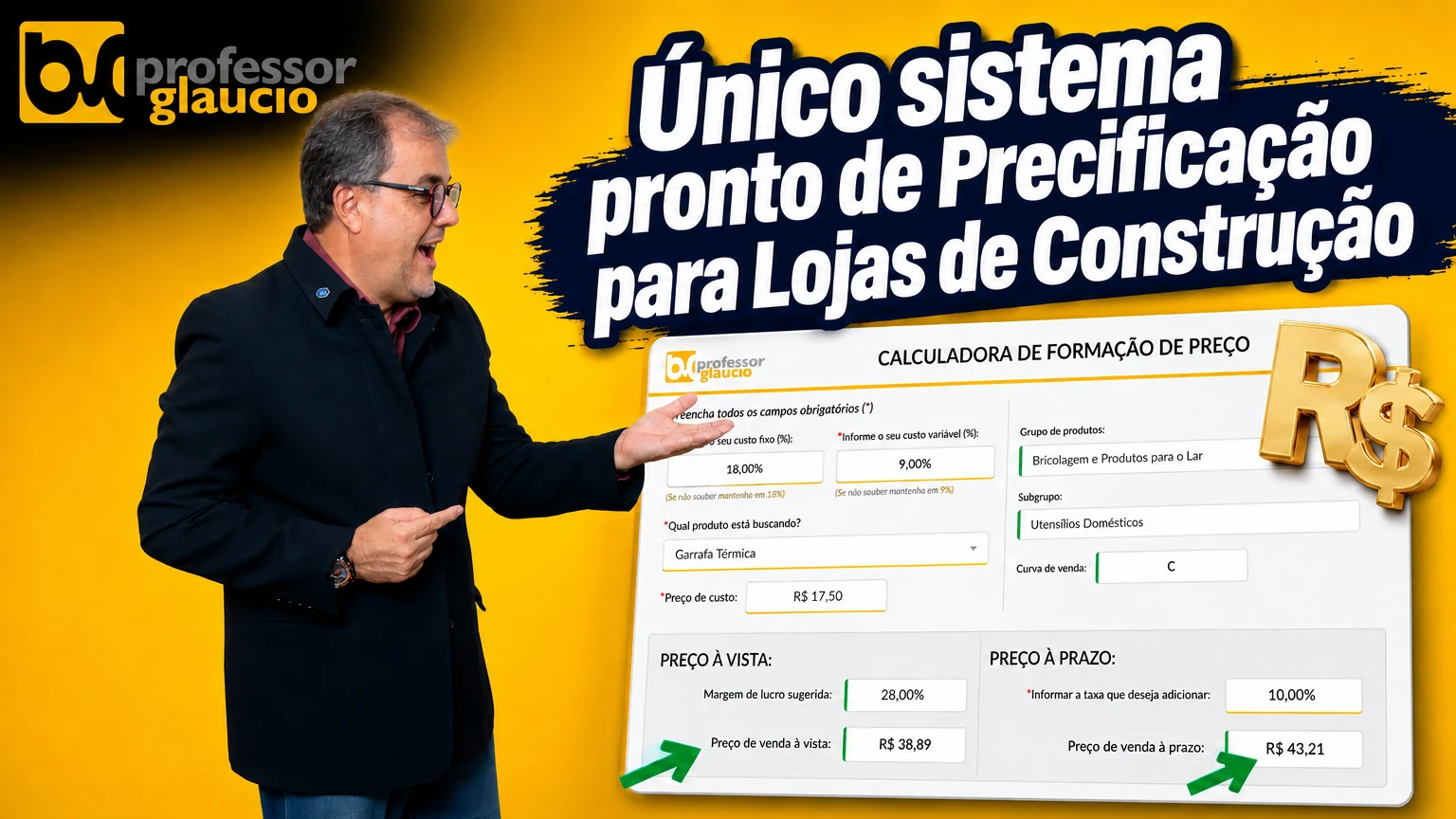 Planilha de precificação ProfessorGlaucio para lojas de material de construção, com cálculo de formação de preço.