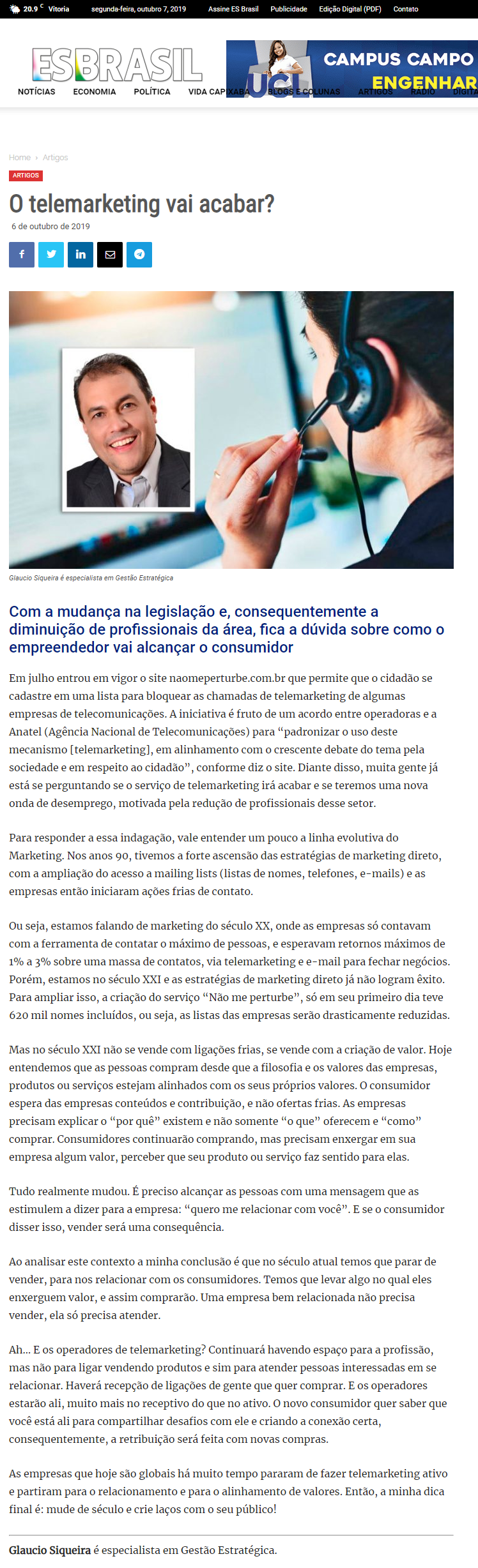07-10-19 - O telemarketing vai acabr - Revista ES Brasil