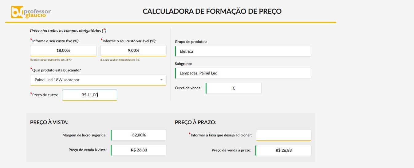 Calculadora de formação de preço do ProfessorGlaucio